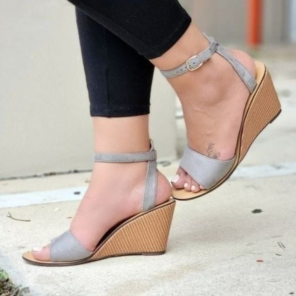 Grey Suede Wedge Sandals Women’s Buckle Closure Shoes